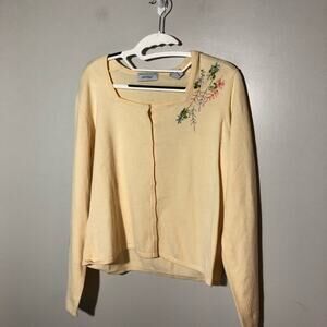 Lord & Taylor womens L cotton yellow cardigan square neckline embroidery floral